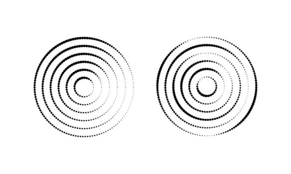 Circular ripple icons. Concentric circles with polka dot lines isolated on white background. Vortex, sonar wave, soundwave, signal signs vector