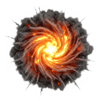 Top view of a swirling explosion with orange flames and dark smoke isolated on transparent background, creating a dynamic and fiery effect png