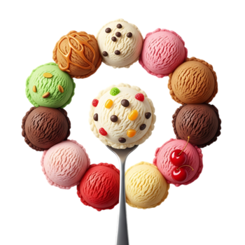 en härlig krans av is grädde skopor isolerat på transparent bakgrund, terar en mängd av smaker och färger anordnad i en cirkulär mönster png