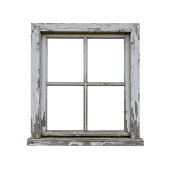 Old weathered window frame isolated on transparent background, showcasing peeling paint and rustic charm, a vintage architectural element png