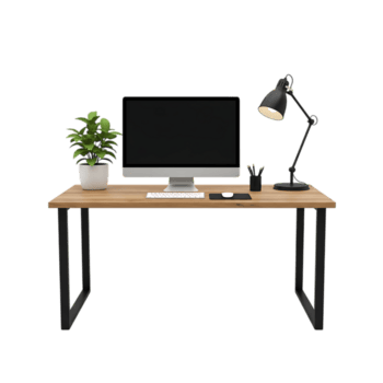 un' moderno scrivania impostare isolato su trasparente sfondo, con un' computer, lampada, pianta, e Stazionario, la creazione di un' pulito e organizzato spazio di lavoro png