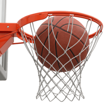 un baloncesto paso mediante un aro y red aislado en transparente fondo, capturar el dinámica momento de un exitoso Disparo en el juego png