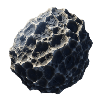 An isolated on transparent background image of a dark, porous asteroid with a rough surface, showcasing its irregular shape and intricate texture png