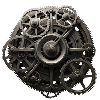 intrincado engrenagens e engrenagens arranjo isolado em transparente fundo, exibindo uma complexo mecânico sistema com intertravamento componentes e industrial Projeto elementos png