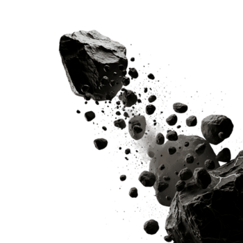 A dynamic scene of dark asteroids hurtling through space, isolated on transparent background, creating a sense of cosmic motion and potential impact png