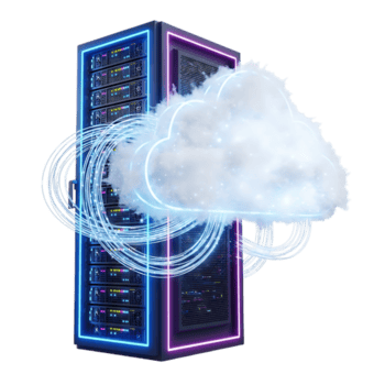 iluminado por neón servidor torre con un nube flotando, exhibiendo moderno nube informática infraestructura aislado en transparente antecedentes png