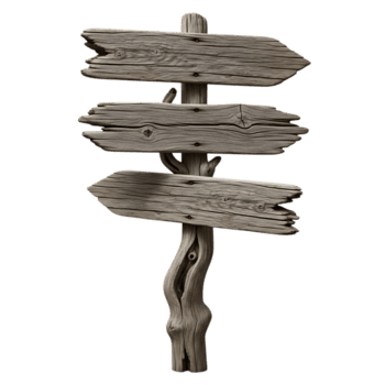 riden trä- vägvisare med tre tom riktnings pilar isolerat på transparent bakgrund, erbjudande en rustik och charmig navigations element png