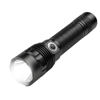 Sleek black flashlight isolated on transparent background, featuring a powerful beam and durable design for illumination in various environments and situations png