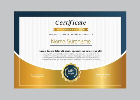 Elegant blue and gold certificate of appreciation design with custom text vector