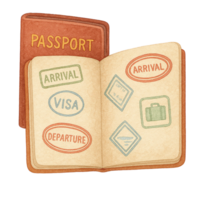Illustration of a passport with visa and entry stamps. png
