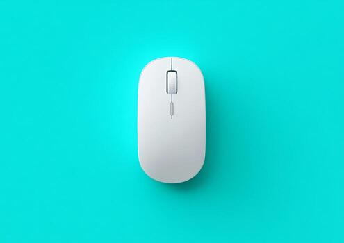 Modern minimalist white wireless computer mouse placed on turquoise background, technology accessory concept symbolizing digital lifestyle, simplicity, functionality, design, and innovation. photo