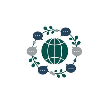 Globe within a circle with speech bubbles and leaves logo design vector