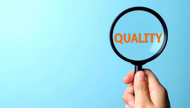 Hand Holding Magnifying Glass Focusing on Quality Text against Light Blue Background in Concept of Inspection and Attention to Detail photo