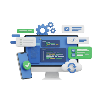 Modern computer screen with code and cloud services for digital transformation and programming png