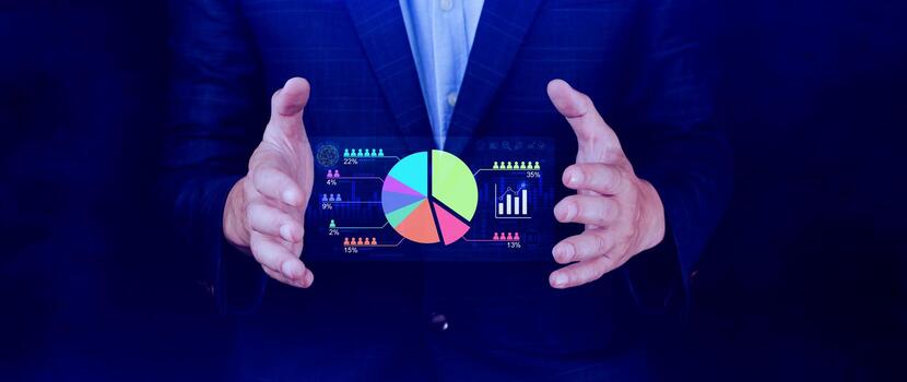Market research and marketing analysis with Ai technology. customer surveys and statistics. analysts touch on pie charts and graphs, financial growth graph chart report, Business planning stock photo