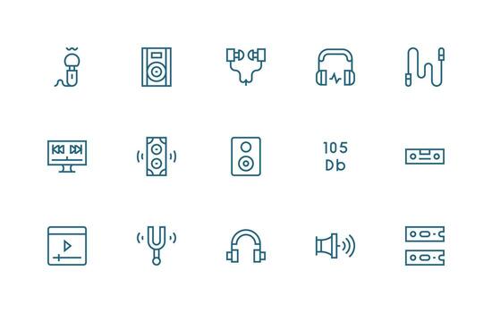 Audiovisual Design Icons featuring 15 in Regular Line Style Lightweight Icon Series vector