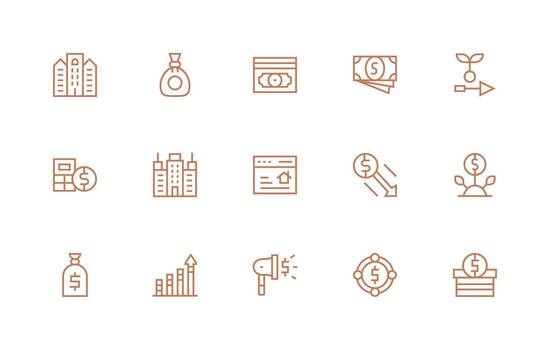 Investment Design Icons featuring 15 in Regular Line Style Clean Icon Set Icon Pack for UI Projects vector