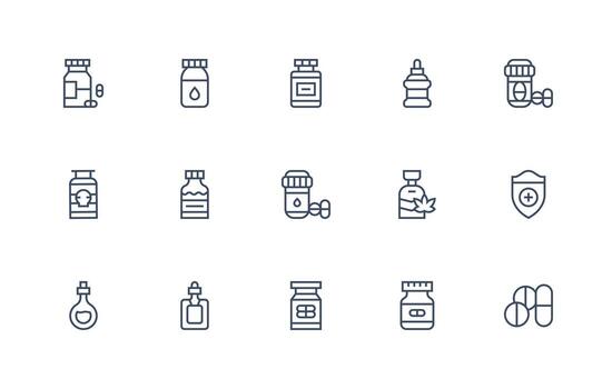 remedio presentando 15 íconos en regular línea diseño icono conjunto para web vector