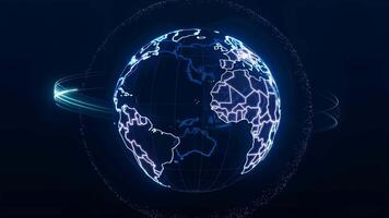 A glowing 3D digital globe made of neon lines, rotating endlessly with flowing data streams around it, seamless loop video