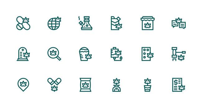 Marijuana featuring 18 Icons in Strong Stroke Line Design User Interface Icons for Digital Products vector