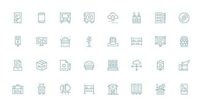 Storage Design Icons featuring 32 in Thin Line Style Smart Icon Collection vector