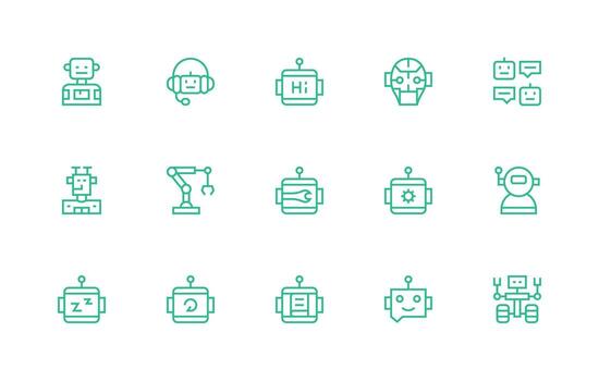 robot presentando 15 íconos en regular línea diseño completamente editable icono conjunto para web vector