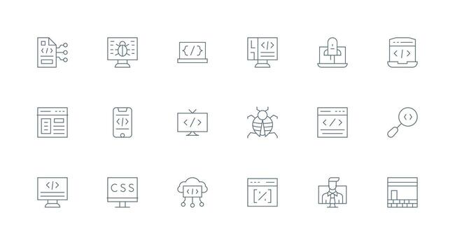 mínimo línea estilo codificación íconos con 18 vectores moderno línea y glifo icono serie