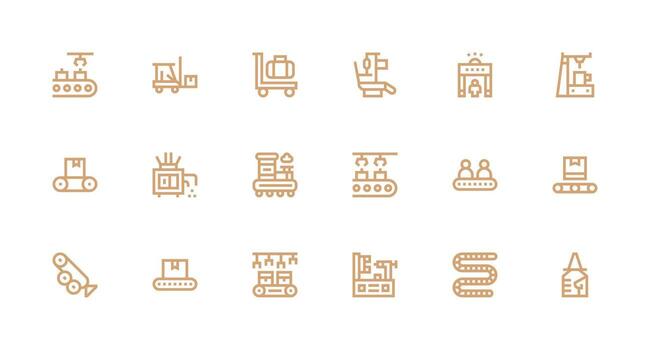 Conveyor Design Icons featuring 18 in Strong Stroke Line Style Detailed Icon Collection for Design Systems vector