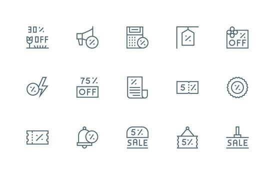 Regular Line Style Price Reduction Icons with 15 Vectors Icon Set for Projects