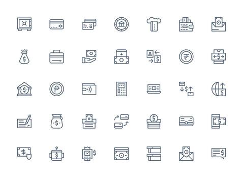Regular Clean Line Style Banking Icons with 35 Vectors Balanced Icon Set for Functional Design