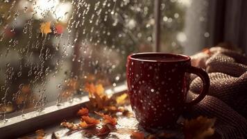 gemütlich Herbst Szene mit warm trinken durch ein Fenster während ein regnerisch Tag video