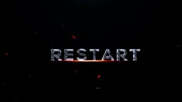 filmiska 3d text omstart med eldig glöd och flytande glöd på en mörk bakgrund, symboliserar en ny början eller en färsk Start video