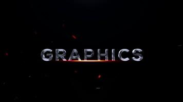The word graphics in a metallic 3d font with a fiery glow and particles on a dark background, representing visual design and creativity video