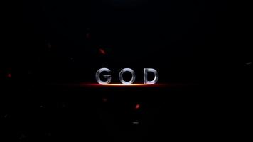 The word god in metallic 3d letters with a fiery glow and floating embers on a dark background, cinematic title sequence video