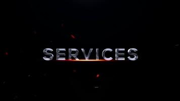dynamisk filmiska text animering terar tjänster i en elegant, metallisk 3d font, upplyst förbi ett orange glöd på en mörk, partikelfylld bakgrund video