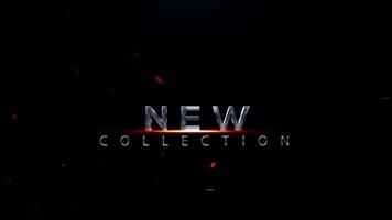 futuristico metallico nuovo collezione testo con raggiante arancia leggero e galleggiante particelle su un' buio sfondo, cinematico intro video