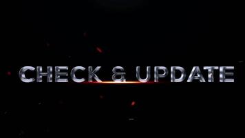 kolla upp och uppdatering, en modern text animering med metallisk brev och eldig glöd, idealisk för programvara eller systemet aviseringar video