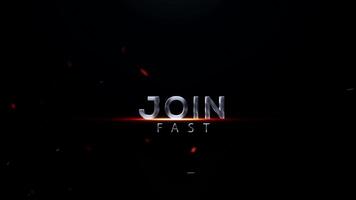 dynamisk 3d text Ansluta sig snabb med eldig partiklar och lysande effekter på en mörk, atmosfärisk bakgrund, rörelse grafisk element video