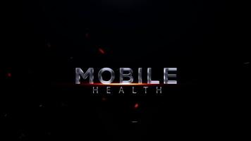 Mobile Health word in metallic 3d effect with glowing embers and particles on a dark background, technology and connectivity title animation video