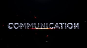 The word communication in a metallic 3d font with a fiery glow and sparks against a dark, atmospheric background video