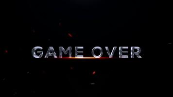 Bold 3d text effect spelling game over in metallic chrome, set against a dark, fiery background with glowing embers and floating particles video