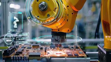 Robotic arm working on circuit board with digital display in factory video