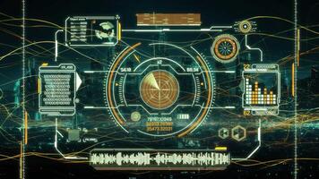 trogen hud visning radar, data analys, och binär koda över stadsbild video