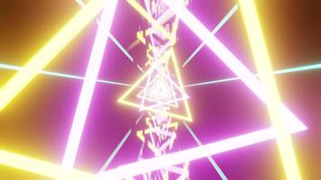 Fantastisk rosa och gul vj slinga bakgrund med roterad trianglar och speglad golv video