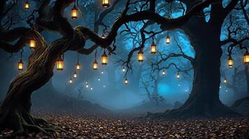 Mysterious foggy forest with illuminated lanterns. Halloween Background. video