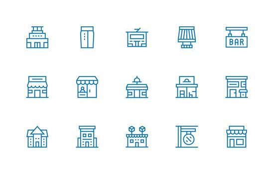Storefront Icon Set with 15 Regular Line Graphics Neutral Style Icons for Any Project vector