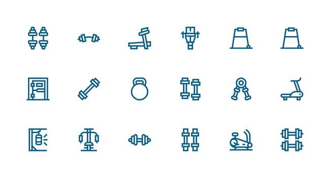 Gym Equipment Icon Set with 18 Strong Stroke Line Graphics Responsive Icon Set for Flexible Layouts vector