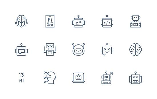 Artificial Intelligence Design Icons featuring 15 in Regular Line Style Dashboard Icon Series vector
