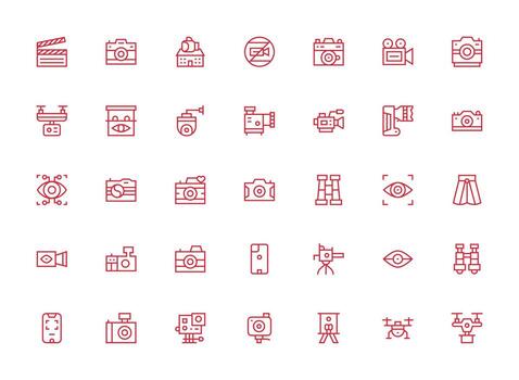 Camera Visual Pack containing 35 Regular Clean Line Icons Minimal Icon Set for Interface Projects vector