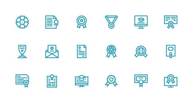 Strong Stroke Line Style Certificate Icons with 18 Vectors Neatly Designed Icons for Web Platforms